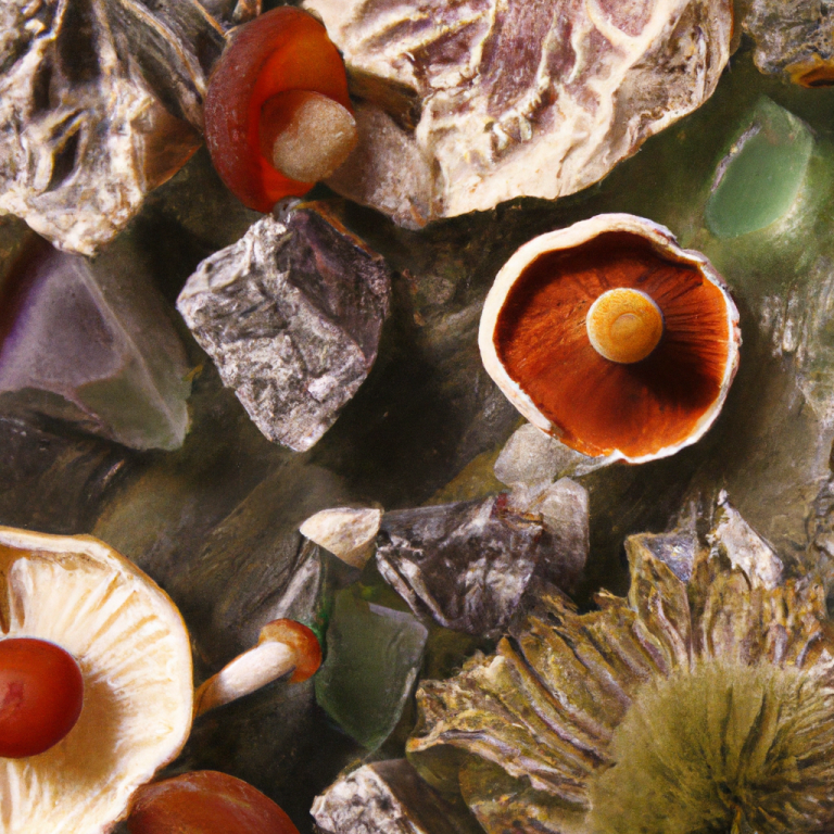 Bunte Mineralien und Fliegenpilze auf einer Oberfläche